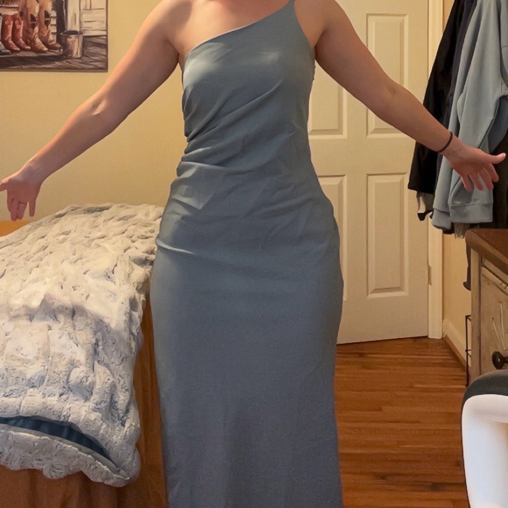 Revelry Jade Crepe One-Shoulder Blue Dress